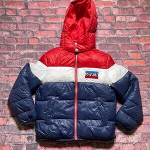 Levis Boys Coat Size M (10-12 Yrs) Hooded Puffer Red White Blue Jacket